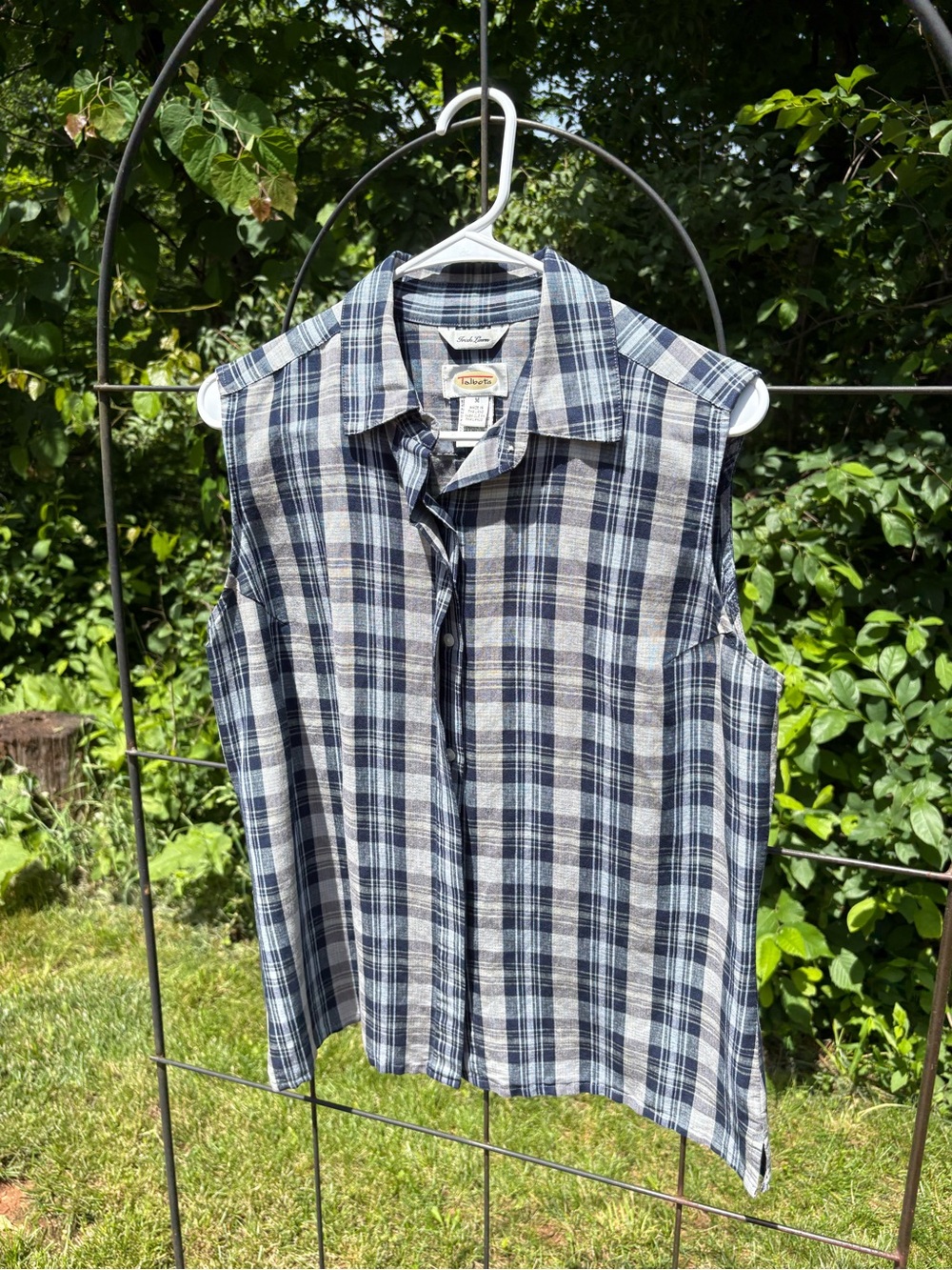 Talbots Navy Blue Beige Gray Plaid Button-Front Shirt Sleeveless Linen-Blend - Picture 8 of 12